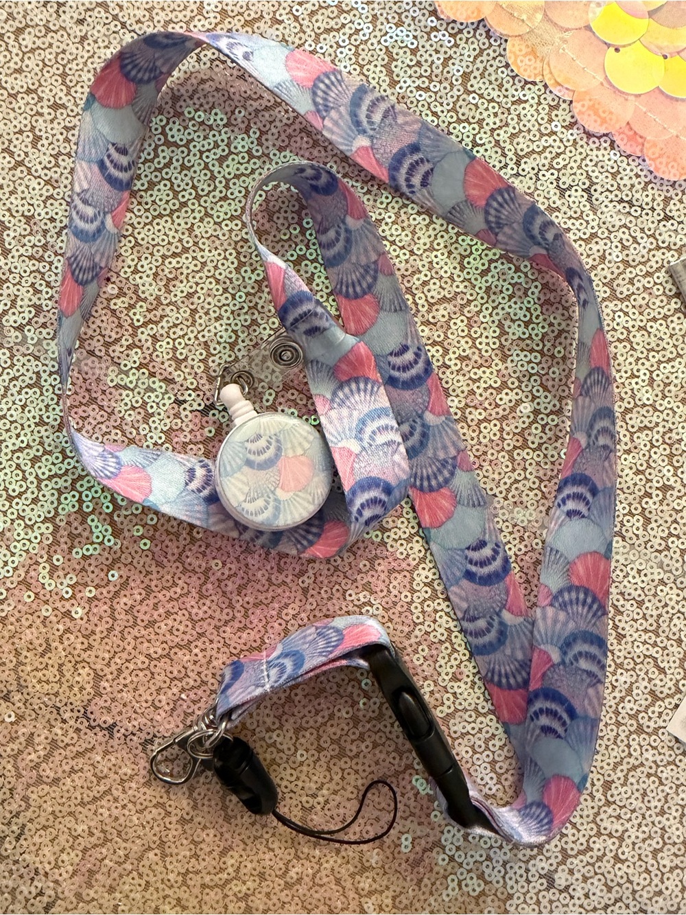 Floral Shell Print Lanyard with Badge Reel - Pink & Blue